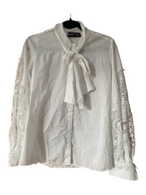 Kobi Halperin White Cotton Lace Sleeve Blouse Tie Neck Pintuck Top Size S